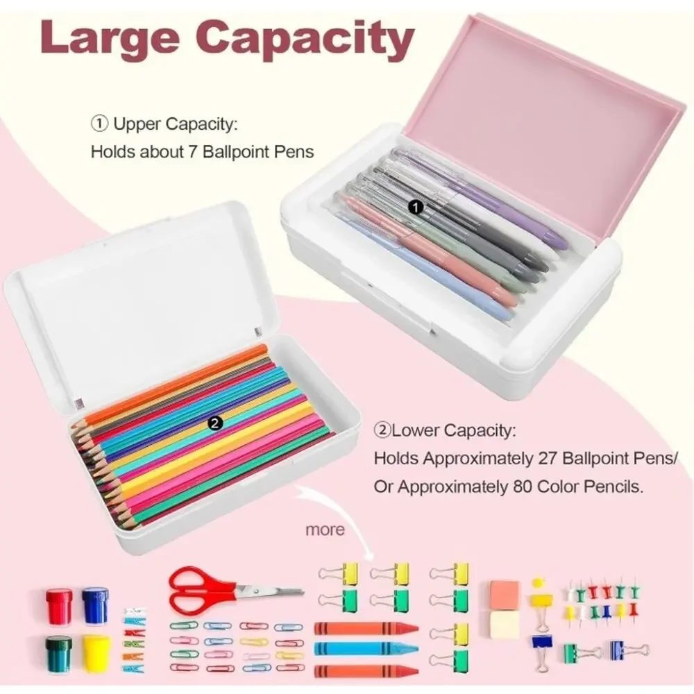 Double Layer Pencil Box Large Capacity Snap Lid School Organizer Pink